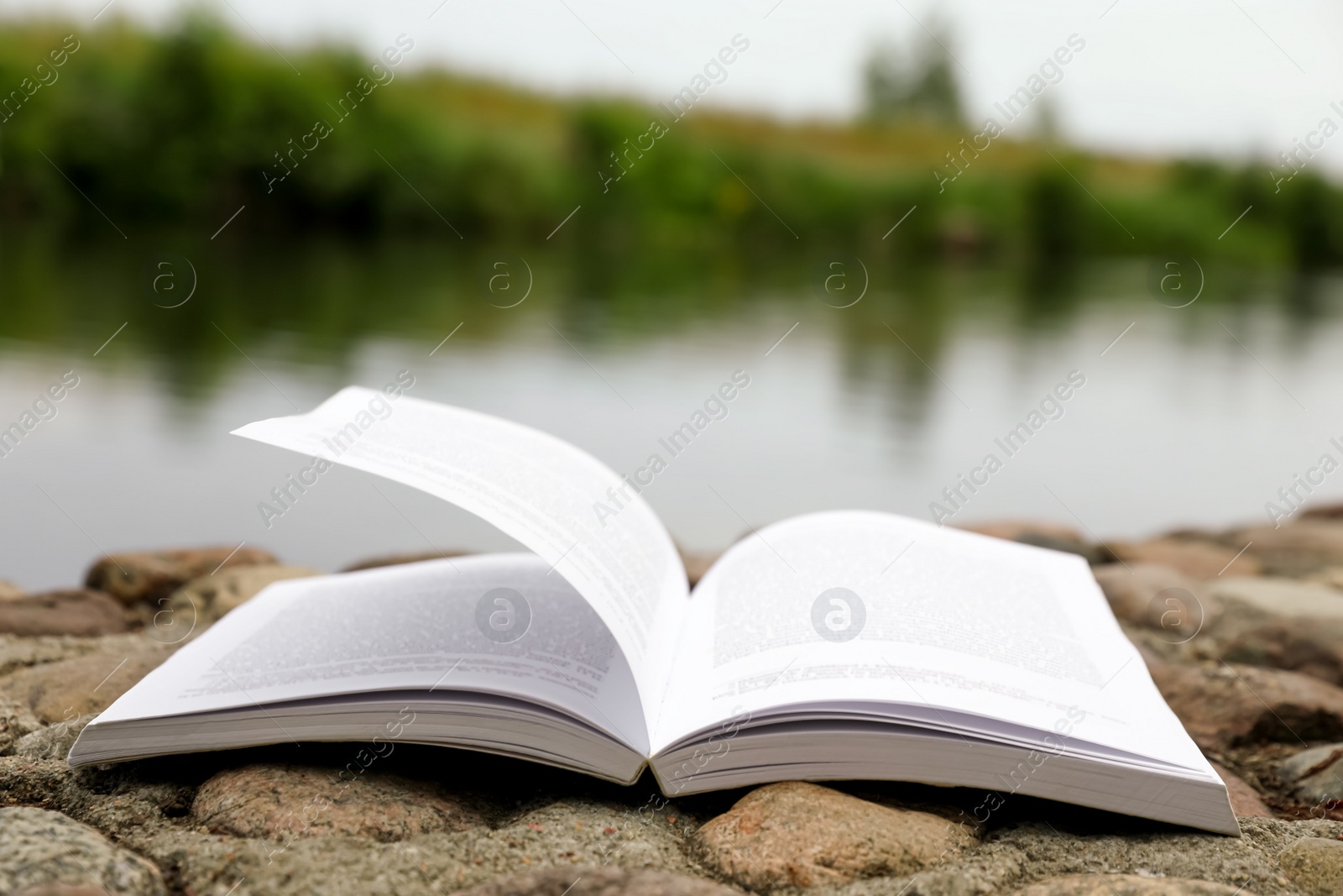 Photo of Open book on rocky shore near river