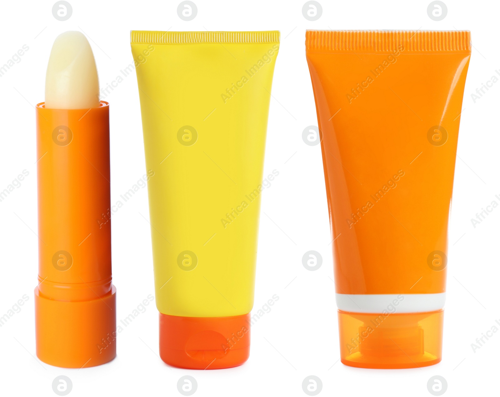 Image of Set with sun protection cosmetic products on white background