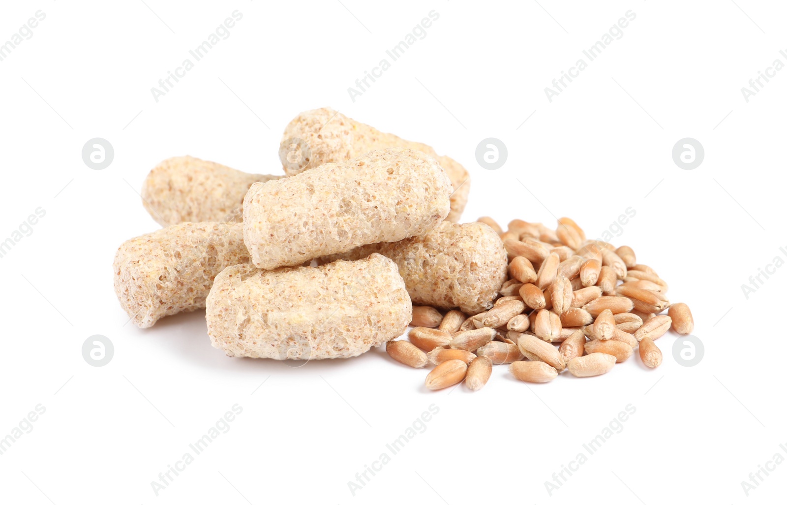 Photo of Granulated wheat bran and kernels on white background