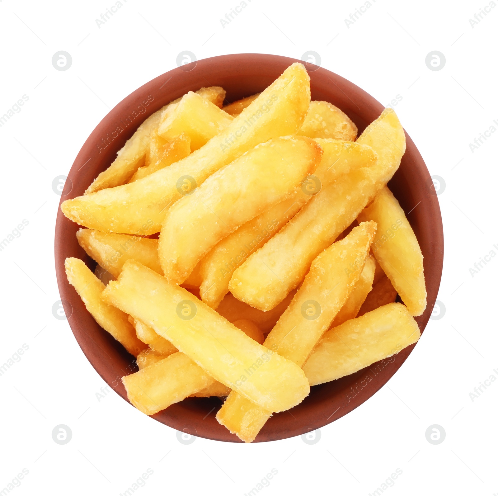 Photo of Bowl with delicious french fries on white background, top view