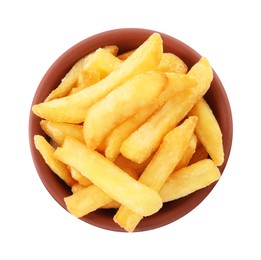 Bowl with delicious french fries on white background, top view