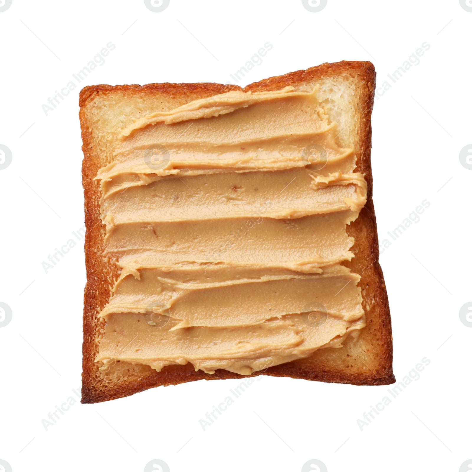 Photo of Piece of toasted bread with peanut butter isolated on white