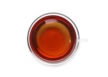 Photo of Glass cup of tea isolated on white, top view