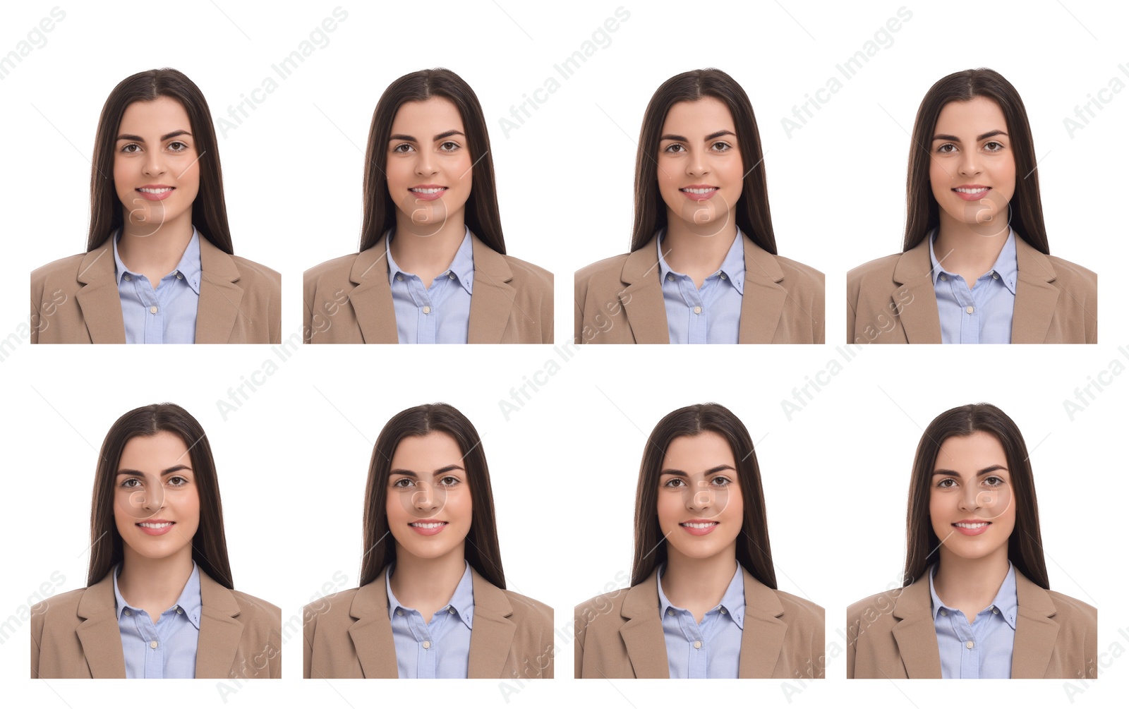 Image of Passport photo, collage. Woman on white background, set of photos