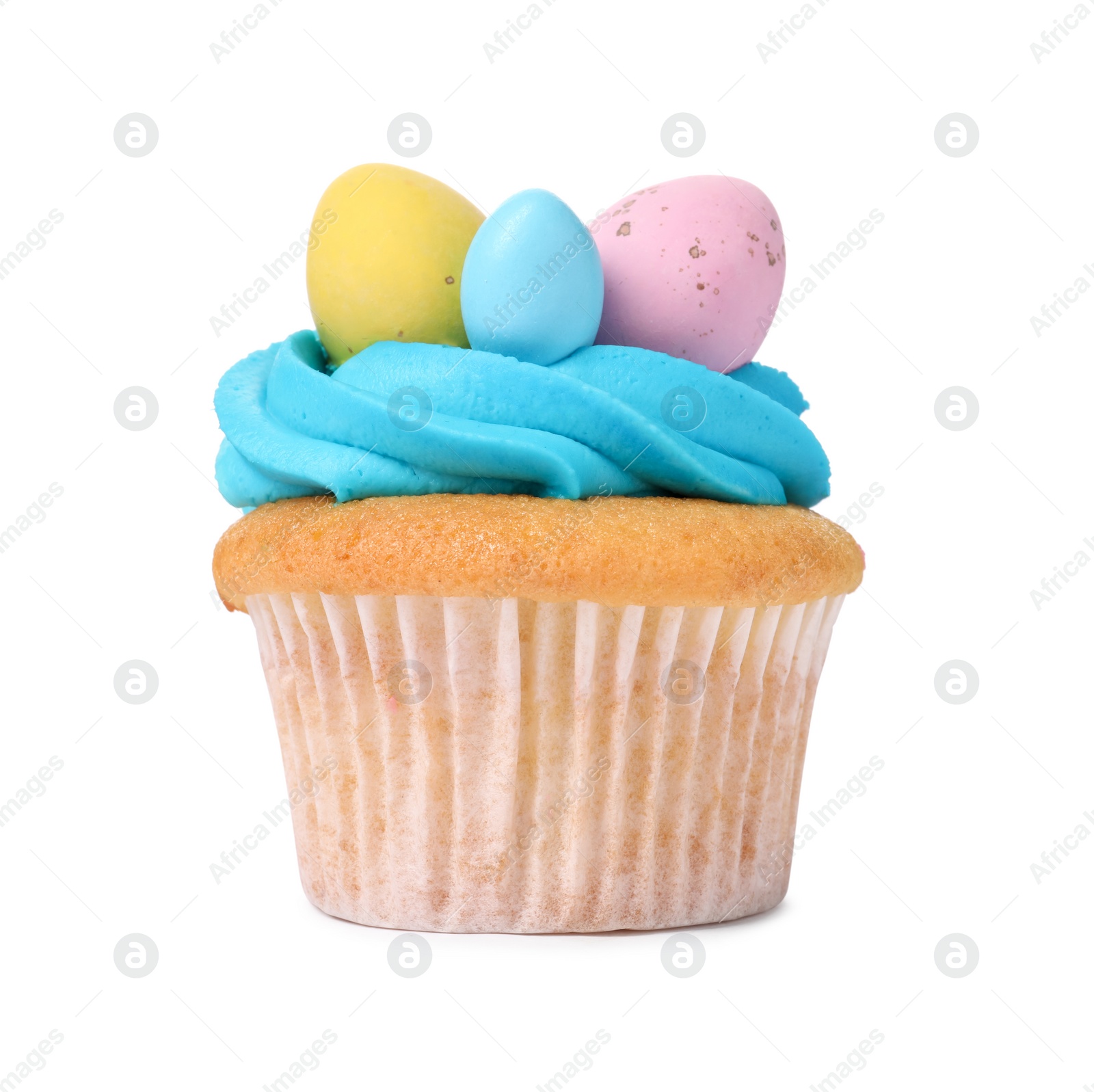 Photo of Tasty decorated Easter cupcake isolated on white