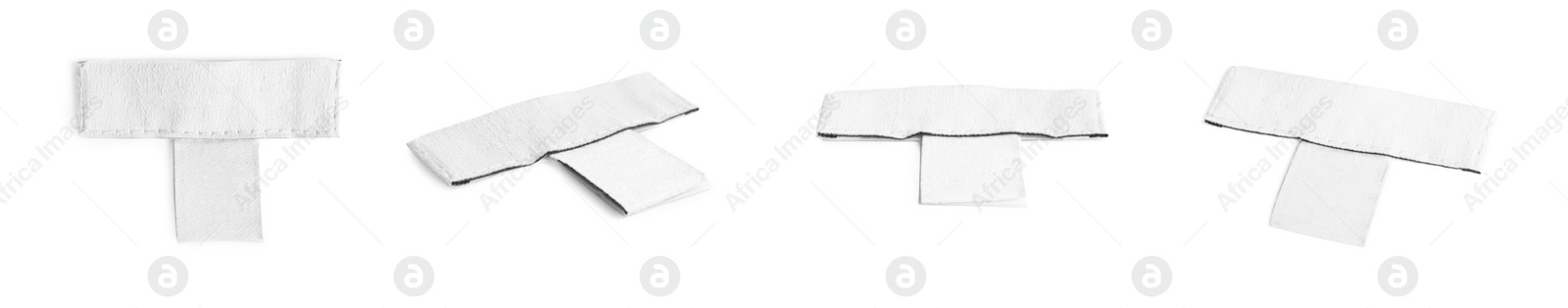 Image of Blank clothing labels on white background, collage. Banner design