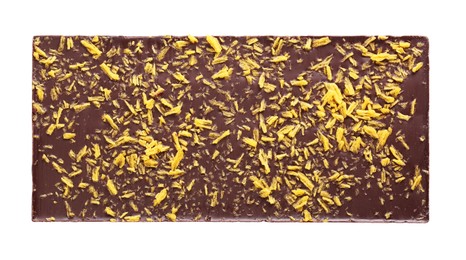 Chocolate bar with freeze dried fruits isolated on white. top view