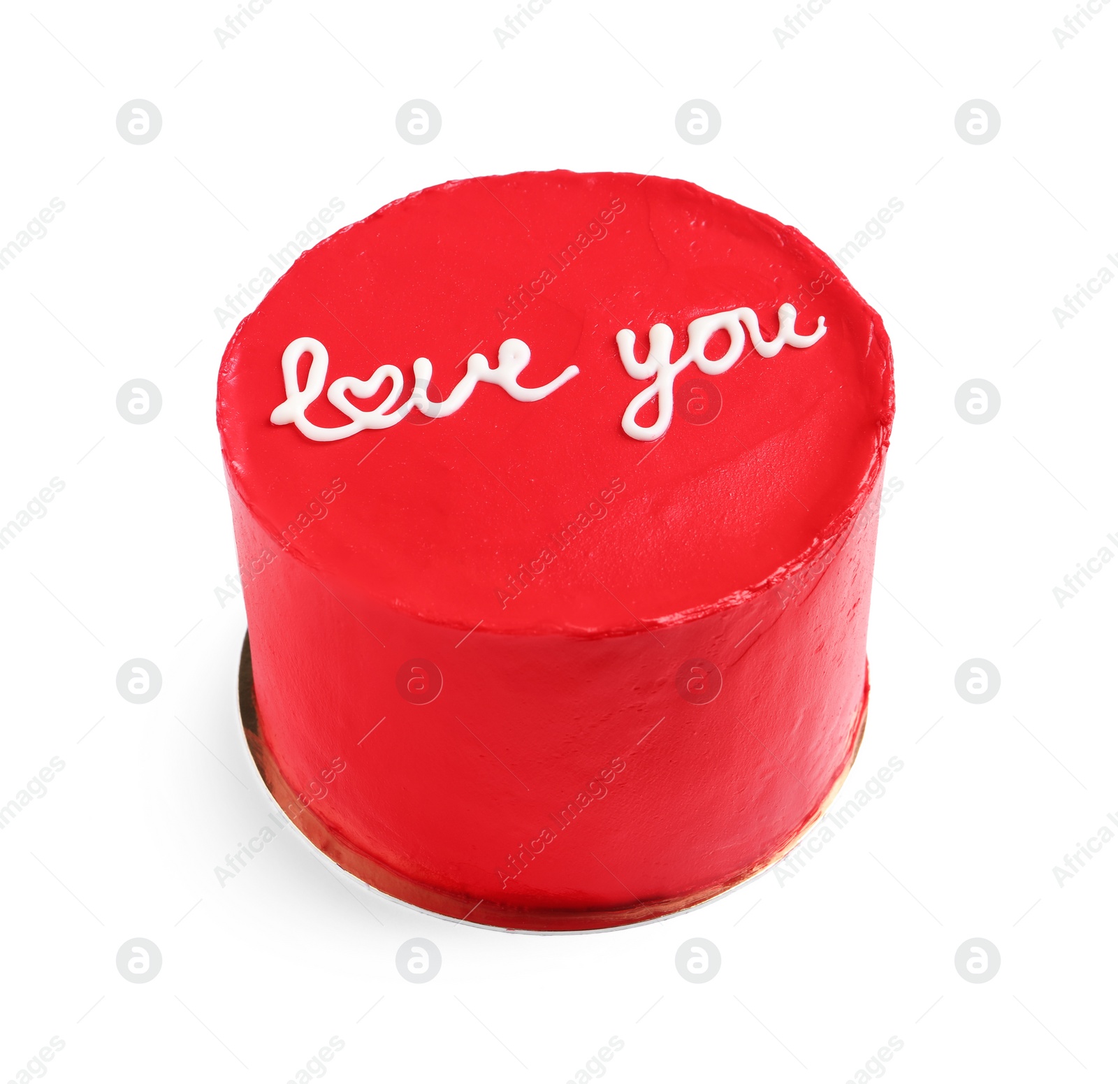 Photo of Bento cake with text Love You isolated on white. St. Valentine's day surprise