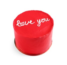 Photo of Bento cake with text Love You isolated on white. St. Valentine's day surprise