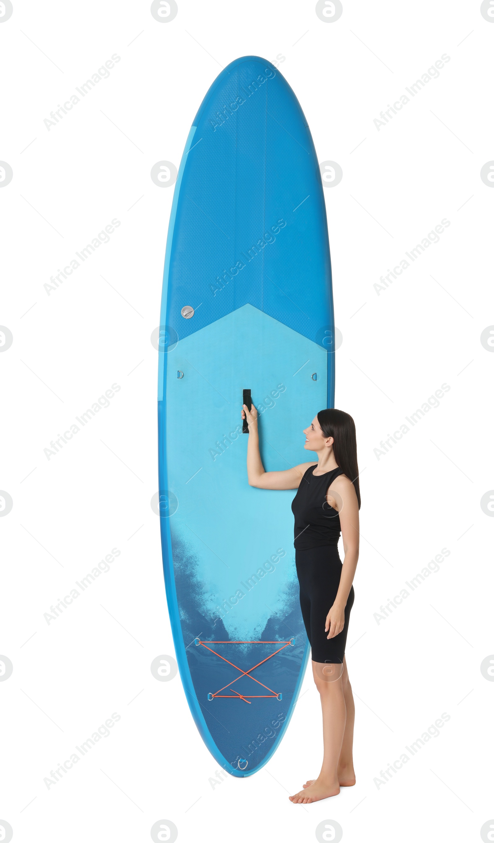 Photo of Happy woman with blue SUP board on white background