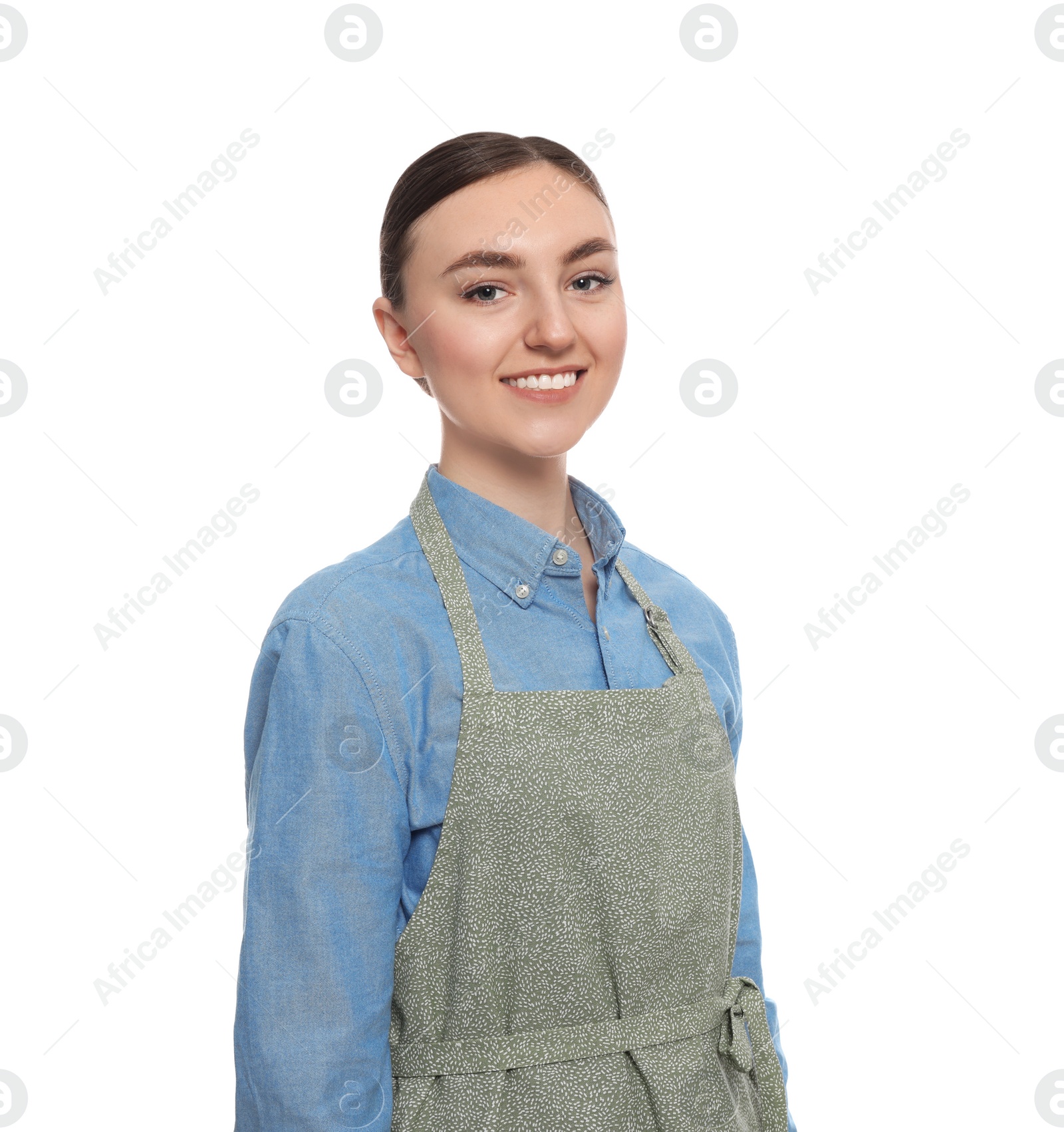 Photo of Beautiful young woman in clean apron on white background