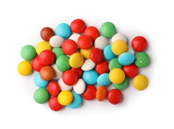 Many small colorful candies on white background, top view