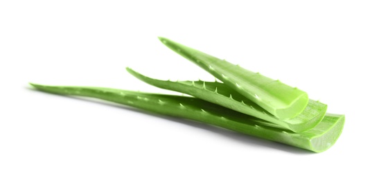 Photo of Fresh aloe vera leaves on white background