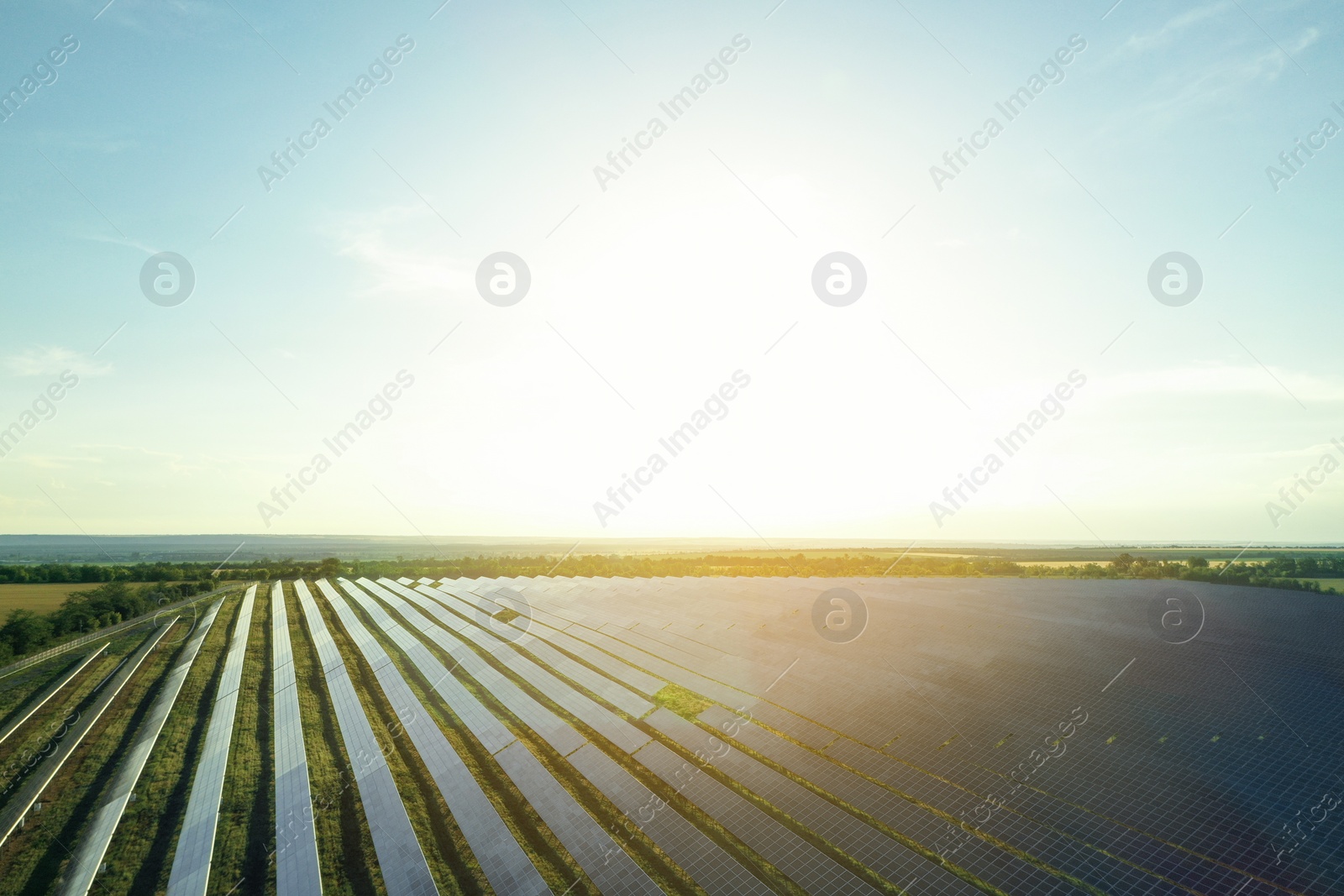 Photo of Solar panels installed outdoors, aerial view. Alternative energy source