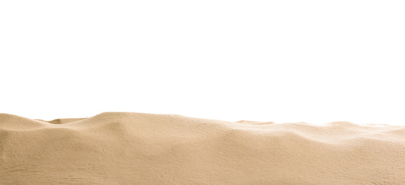 Photo of Heap of dry beach sand on white background