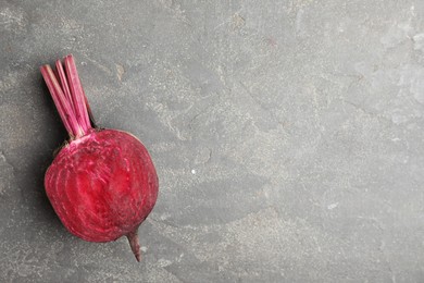 Half of raw beet on grey table, top view. Space for text