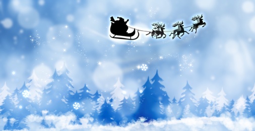 Magic Christmas eve. Santa with reindeers flying in sky on snowy night, banner design