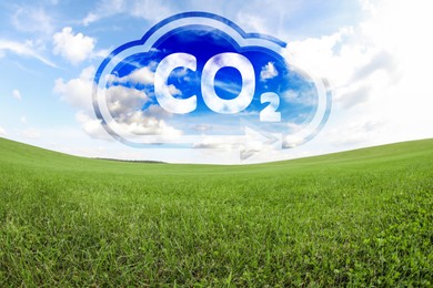 Concept of clear air. CO2 inscription in illustration of cloud and beautiful meadow. Fisheye lens effect