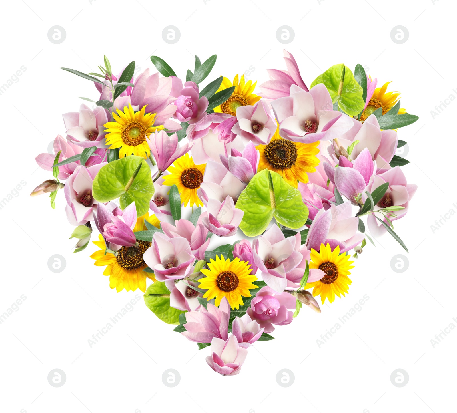 Image of Beautiful heart shaped composition made with tender flowers on white background