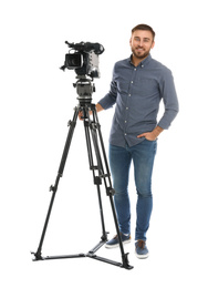 Photo of Operator with professional video camera on white background