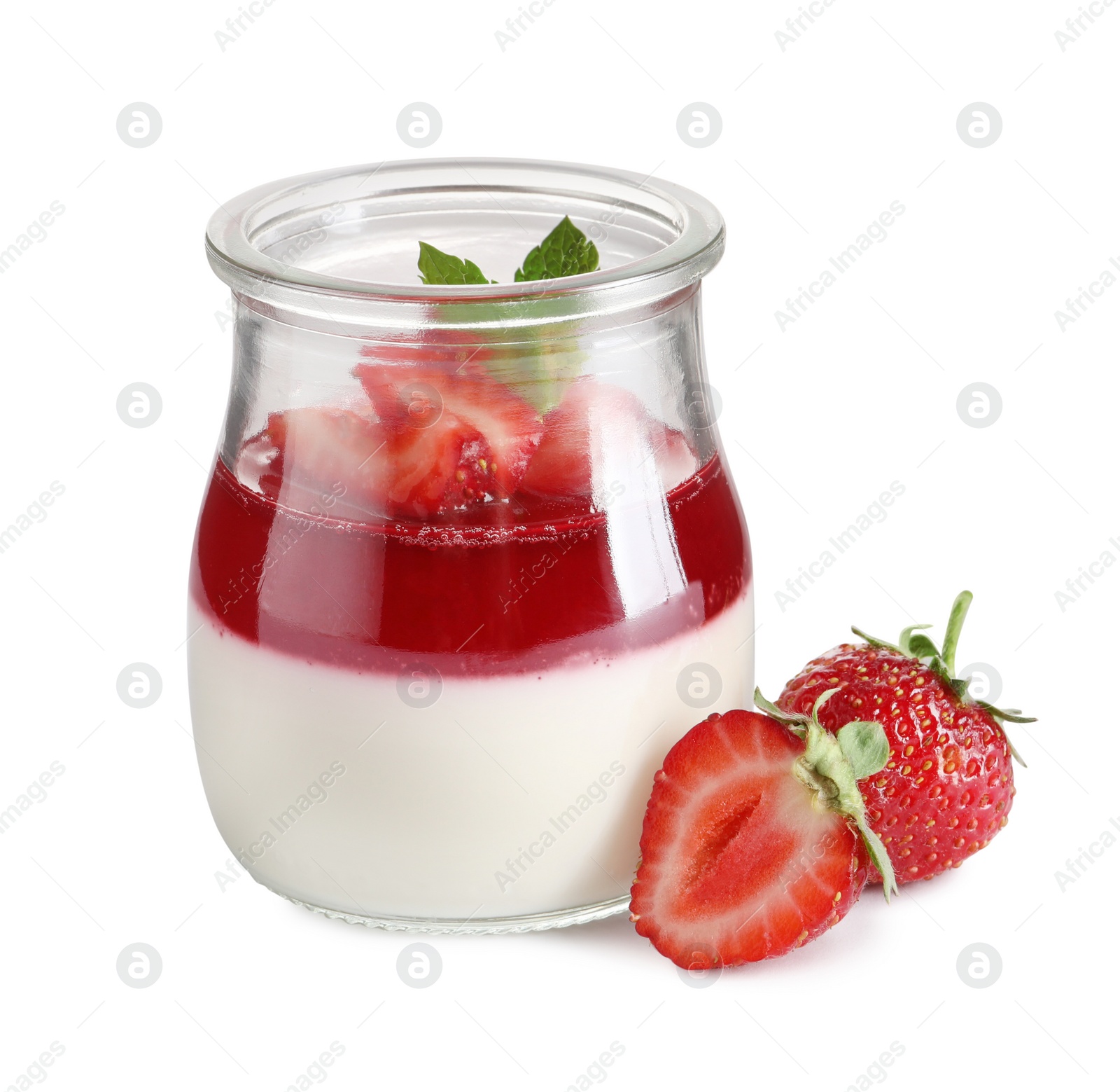 Photo of Delicious panna cotta with strawberry coulis and fresh berries on white background