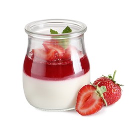 Photo of Delicious panna cotta with strawberry coulis and fresh berries on white background