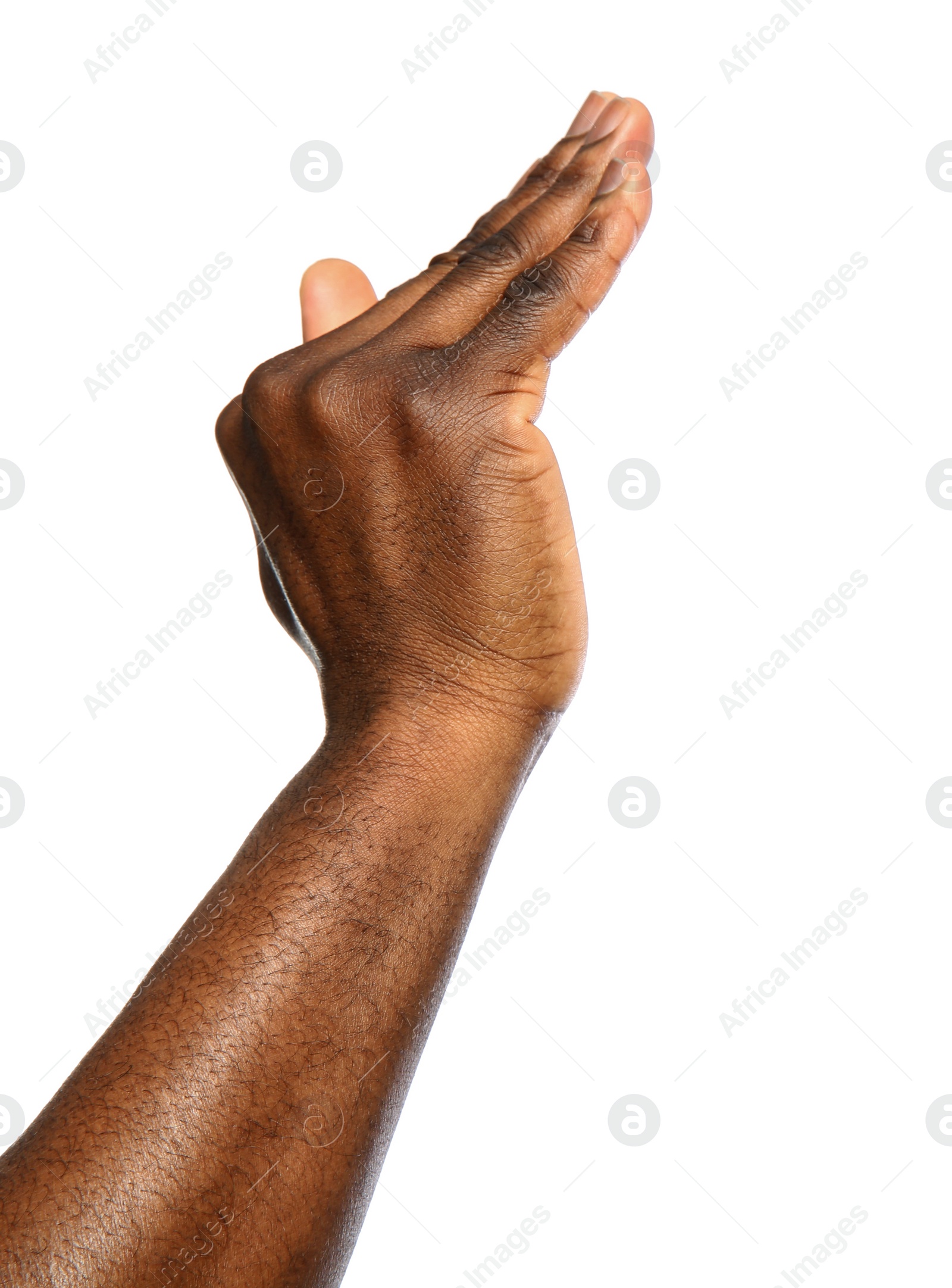 Photo of African-American man showing height on white background, closeup