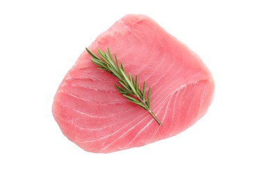 Photo of Raw tuna fillet and rosemary isolated on white, to view