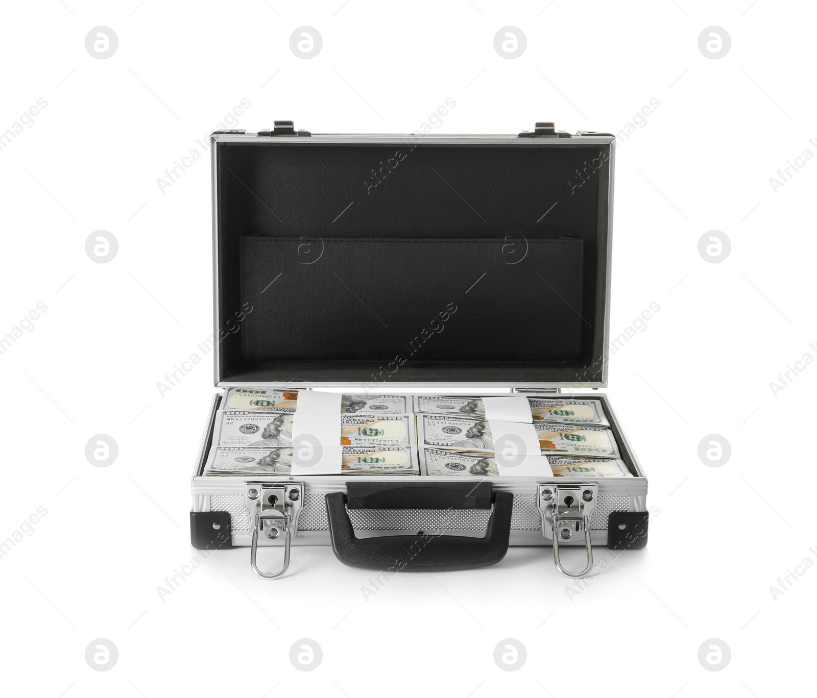 Photo of Open hard case full of money on white background