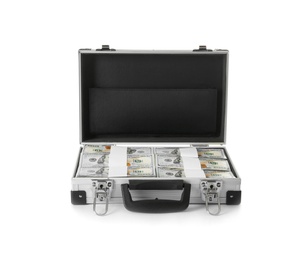 Open hard case full of money on white background