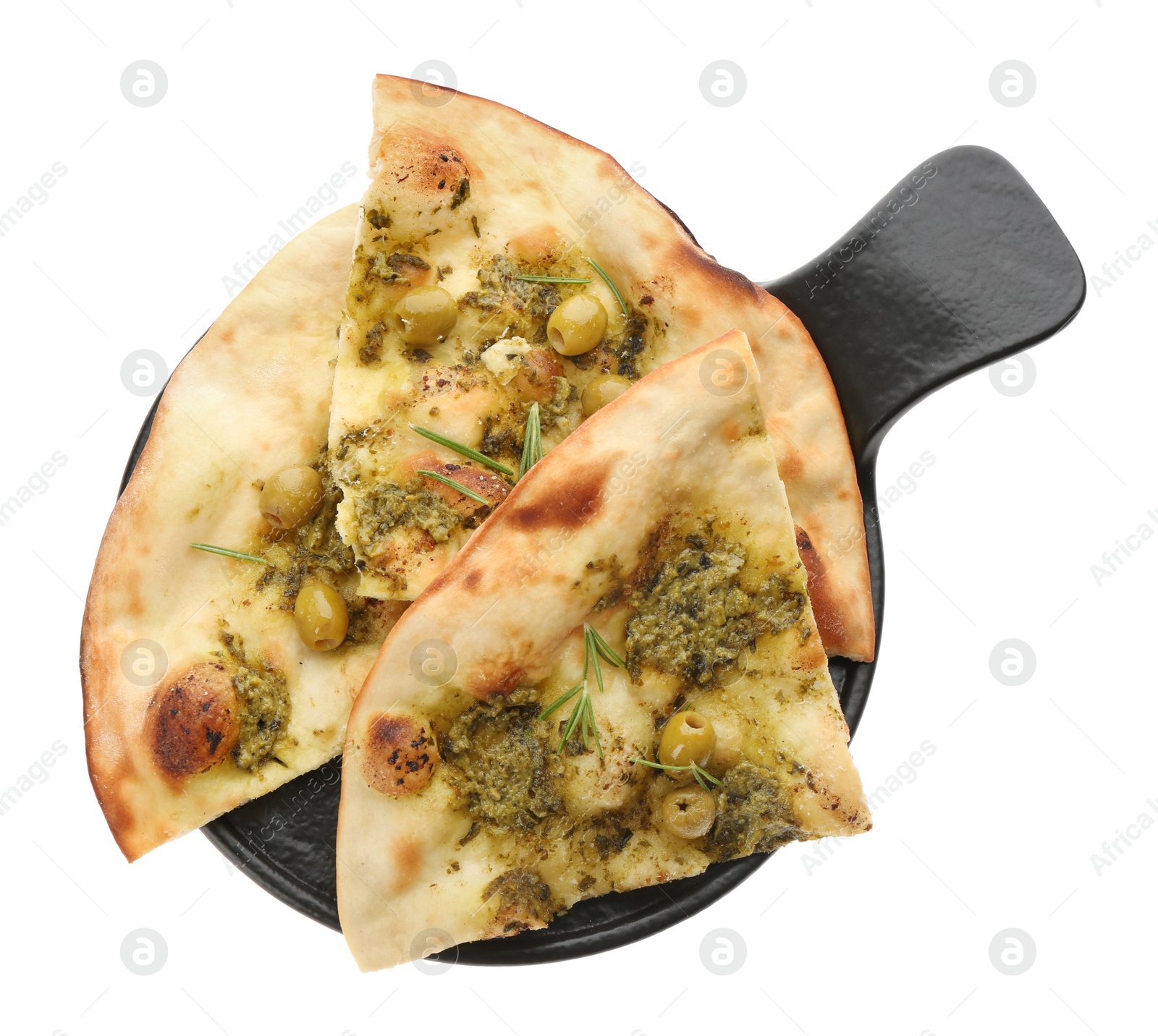 Photo of Slices of delicious focaccia bread with green olives on white background, top view
