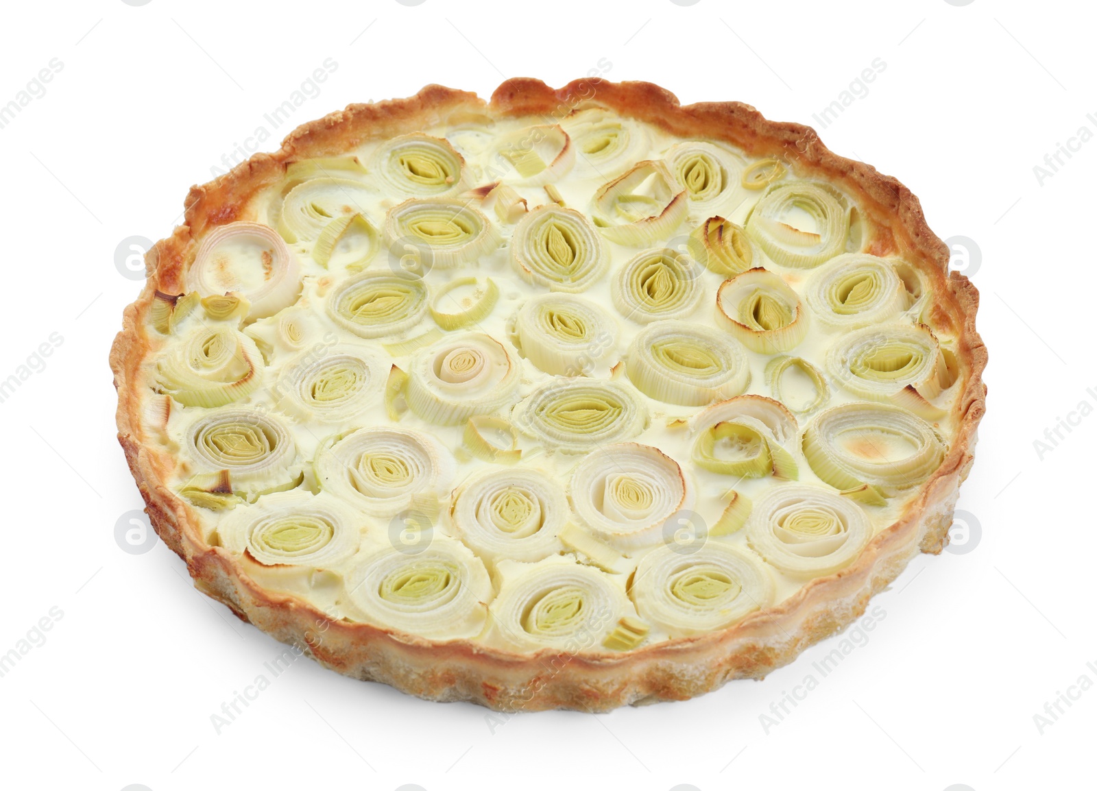 Photo of Freshly baked leek pie isolated on white
