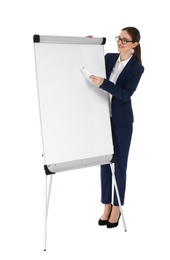 Professional business trainer near flip chart board on white background. Space for text