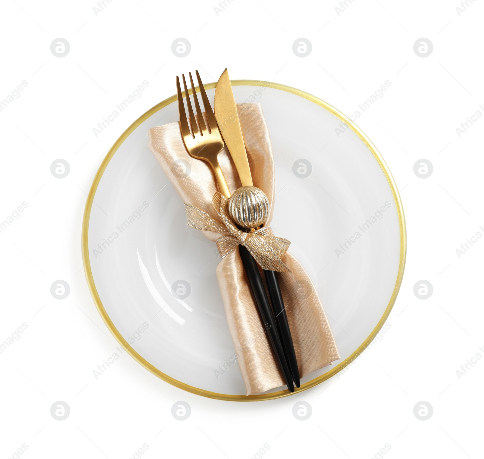 Photo of Beautiful Christmas table setting on white background, top view