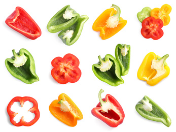 Image of Set of different cut ripe bell peppers on white background, top view