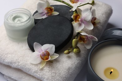 Photo of Beautiful composition with different spa products on white table, closeup