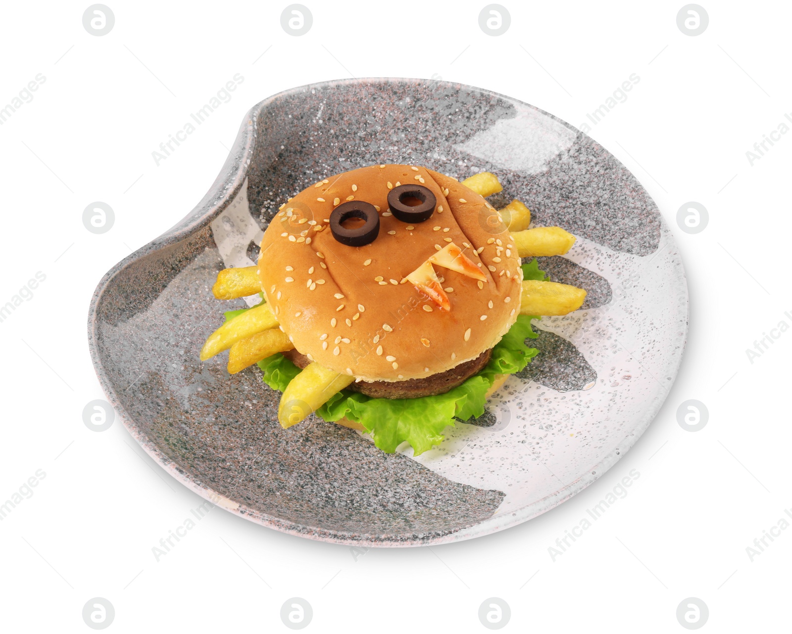 Photo of Plate with tasty monster sandwich isolated on white. Halloween lunch