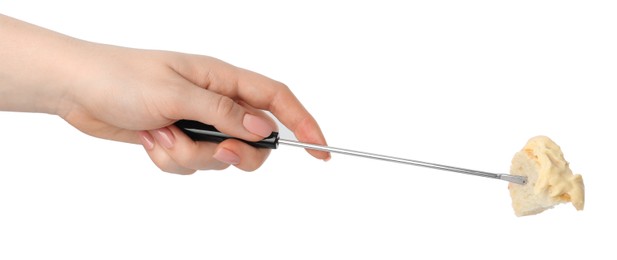 Photo of Tasty fondue. Woman holding fork with piece of bread and melted cheese on white background, closeup