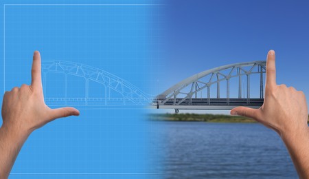 Image of From idea to action. Man making frame gesture and fulfilling project into reality, closeup. Combination of blueprint and photo of bridge