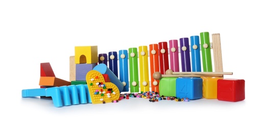 Photo of Set of different child toys on white background