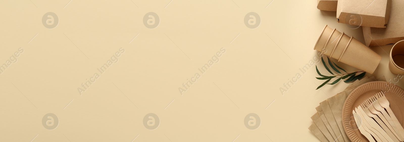 Image of Flat lay composition with eco friendly products on beige background, space for text. Banner design