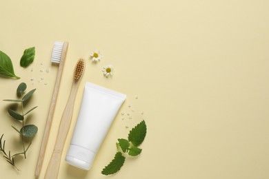 Flat lay composition with bamboo toothbrushes, tube of cream and herbs on beige background. Space for text