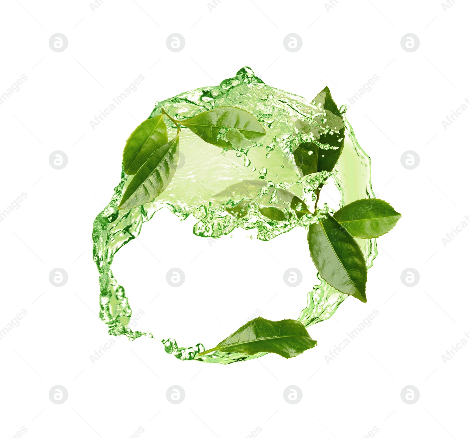 Image of Splashes of refreshing drink with leaves on white background. Green or matcha tea