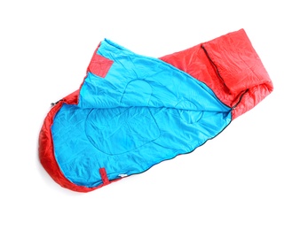 Photo of Sleeping bag on white background, top view. Camping equipment