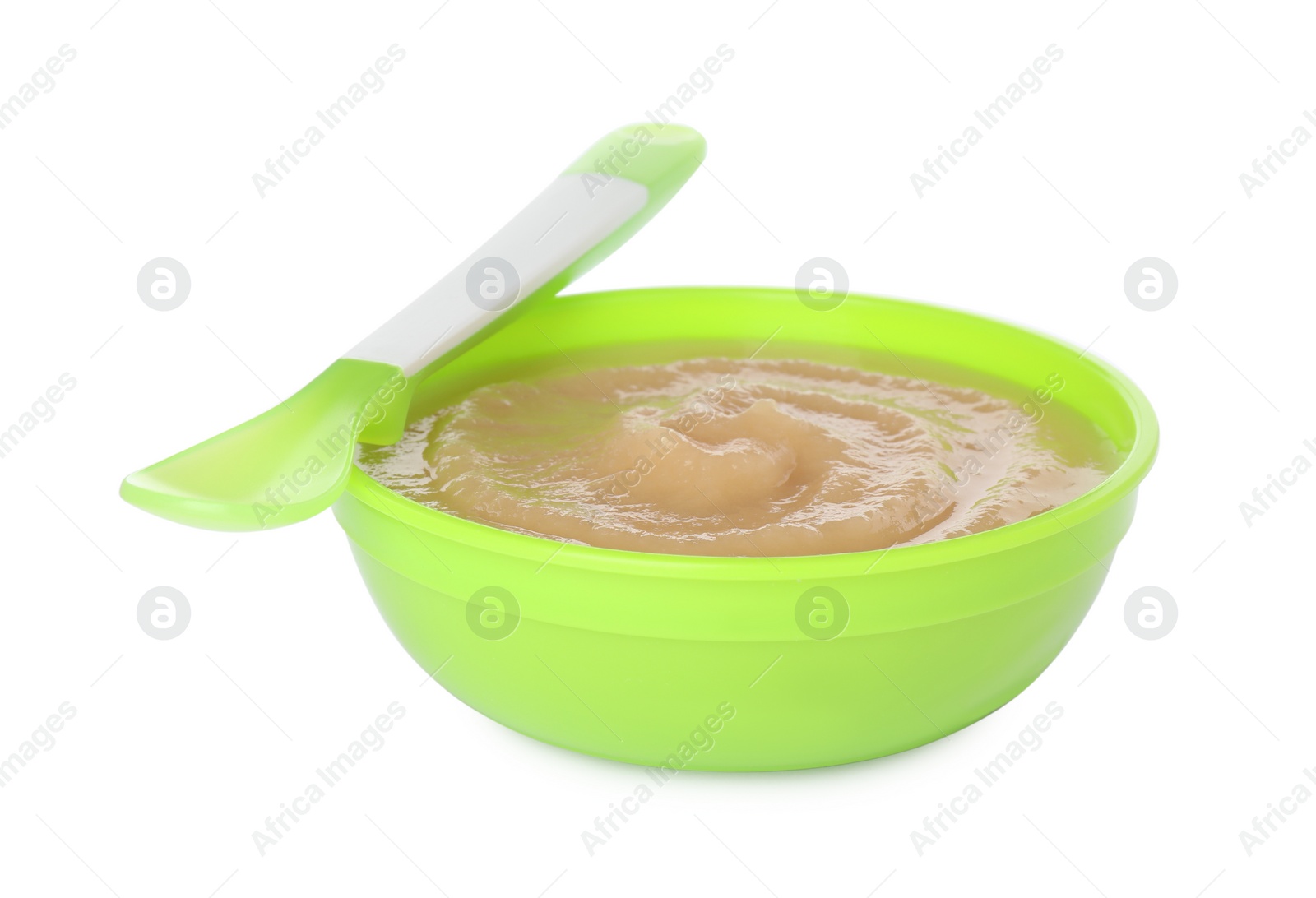 Photo of Healthy baby food in bowl on white background