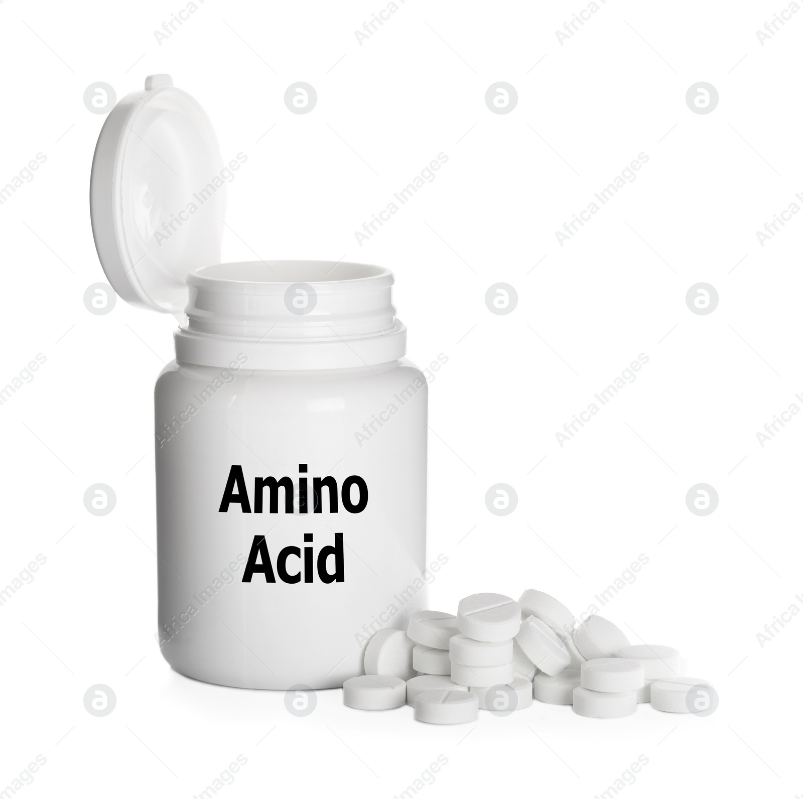 Image of Plastic bottle with Amino Acid Complex and pills on white background