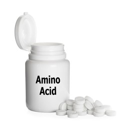 Image of Plastic bottle with Amino Acid Complex and pills on white background