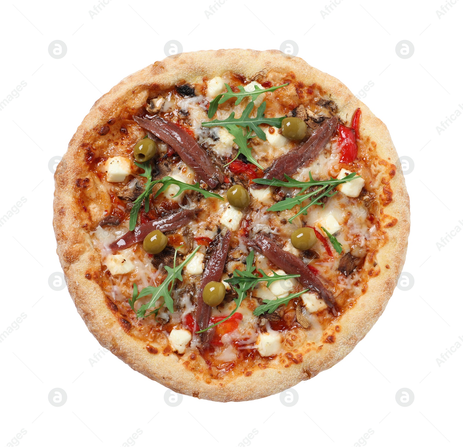 Photo of Tasty pizza with anchovies, arugula and olives isolated on white, top view
