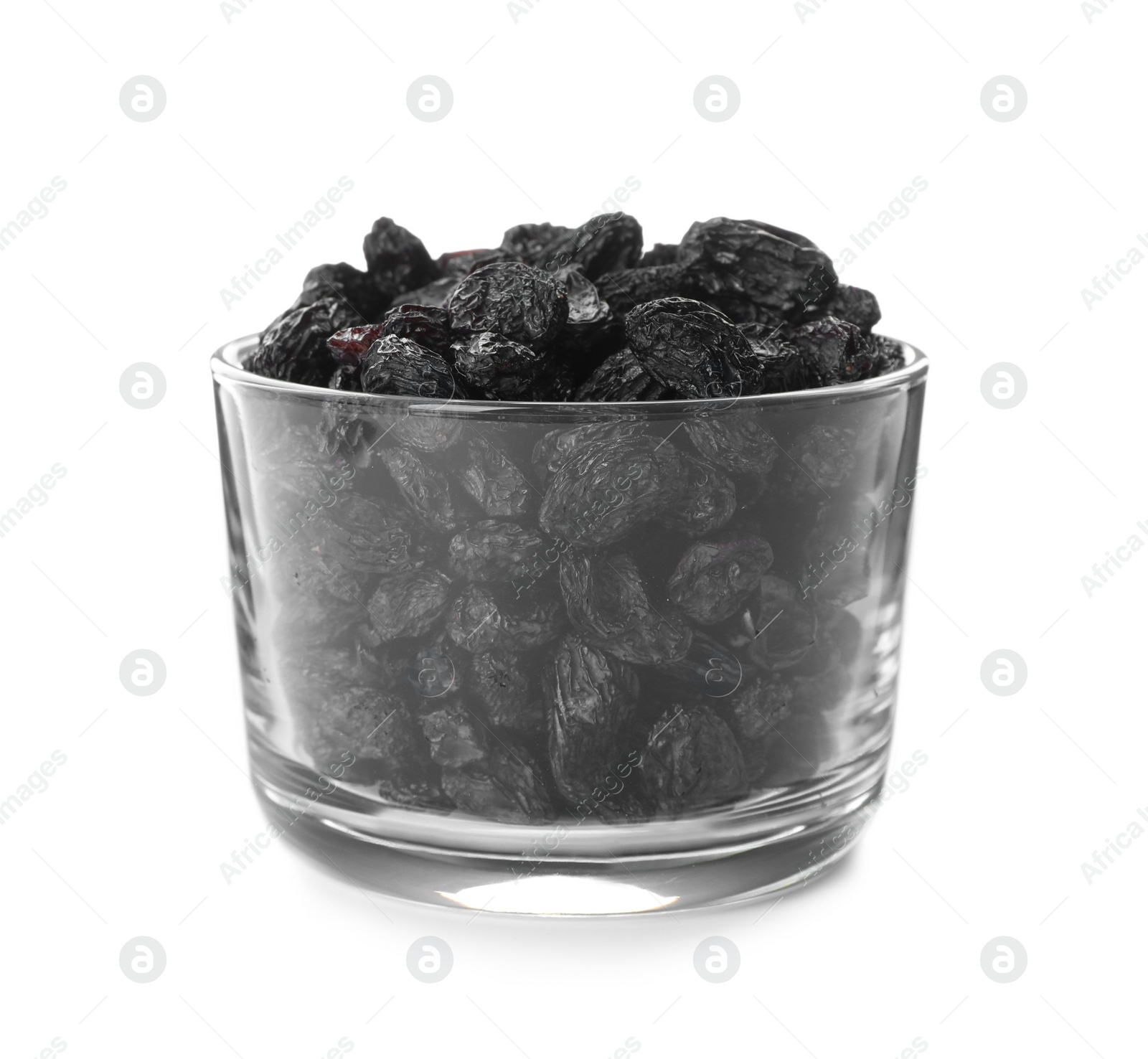 Photo of Bowl with raisins on white background. Healthy dried fruit