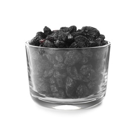 Bowl with raisins on white background. Healthy dried fruit